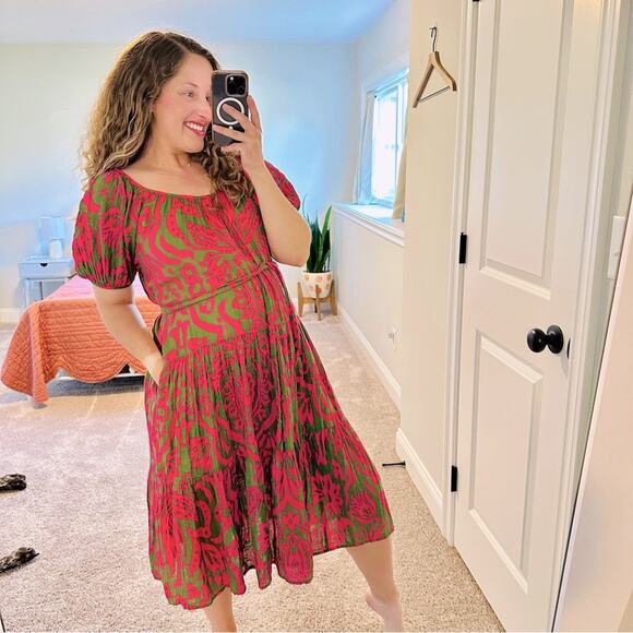 Tuckernuck Velvet Graham & Spencer Cotton Green Pink Floral MIDI Dress XS - Picture 1 of 16